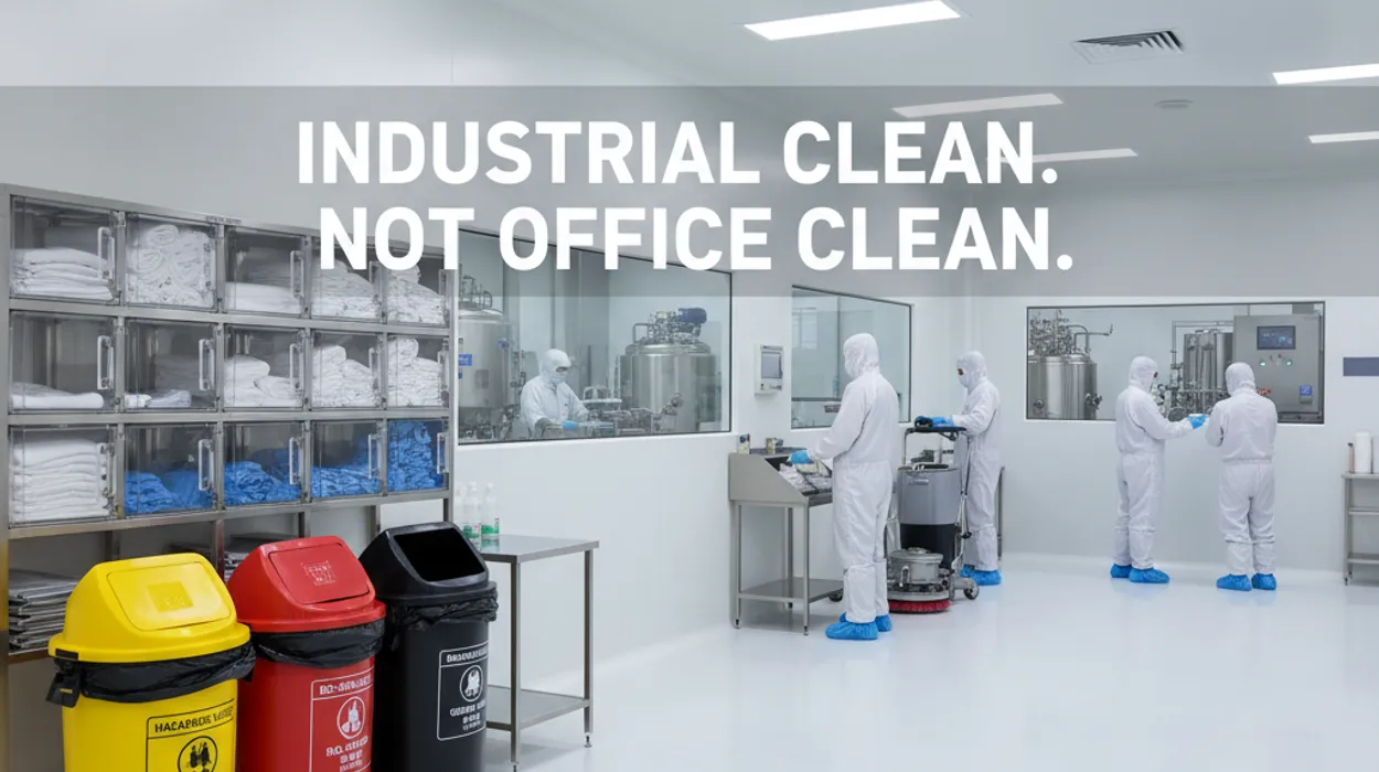 Industrial housekeeping and cleaning in Singapore GMP compliant facility with proper waste segregation
