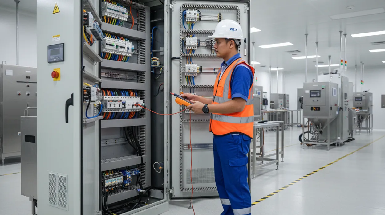 Licensed electrical worker inspecting industrial electrical panel for BCA and SCDF compliance in Singapore facility