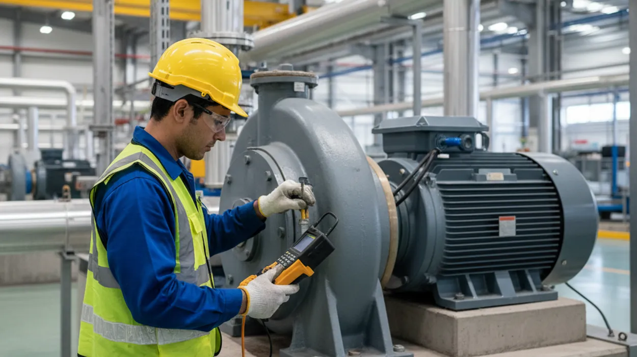 Mechanical maintenance technician performing predictive vibration analysis on industrial rotating equipment in Singapore plant